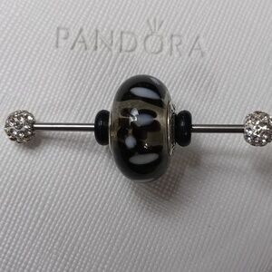 Pandora XL Vintage Silver Black Flowers Murano Glass Charm (2 Listed Separately)